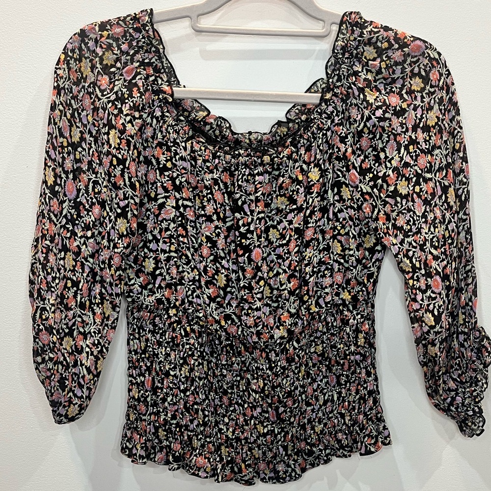 By Anthropologie Smocked Floral Shirt Sz S Sheer 3/4 Sleeve Cottagecore Coquette